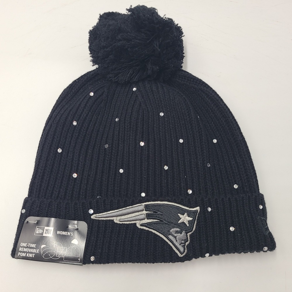 Women New England Patriots Hat Beanie New Era Black NFL Rhinestone Removable Pom